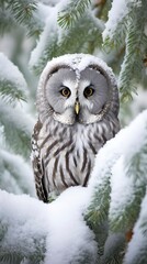 Boreal Owl in Winter's Embrace Among Frosted Pines --ar 9:16 --style raw Job ID: 9a8f863f-bf7e-4be9-a96b-8bc1abc90299