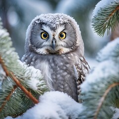 Boreal Owl in Winter's Embrace Among Frosted Pines --ar 1:1 --style raw Job ID: 9edd6a89-e479-487d-be93-6ab69347c111