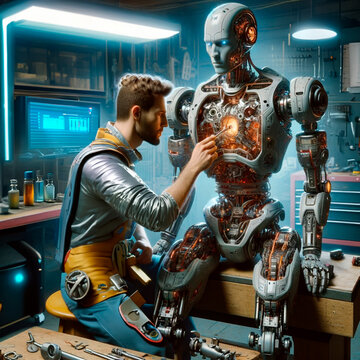 Man fixing a robot in his workshop Illustration