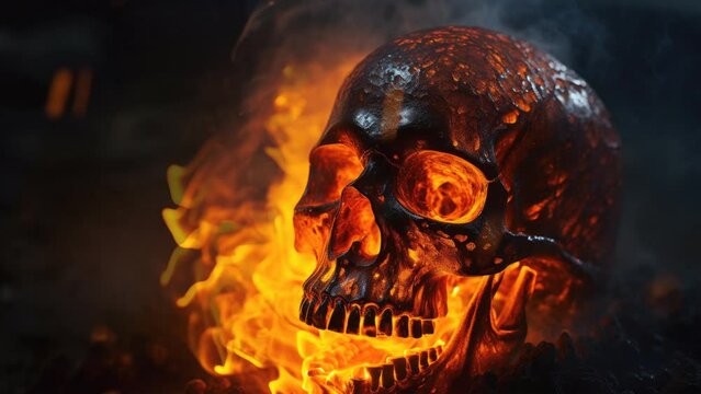 The skull burns in the fire and glows with billowing smoke, a seamless loop video background
