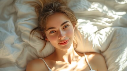 Top view of cheerful female lying under blanket in soft bed and enjoying morning while looking at camera
