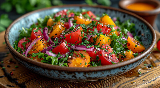 Mediterranean Colorful tomato and bell pepper salad in a blue ceramic bowl, garnished with black sesame seeds, AI generated.