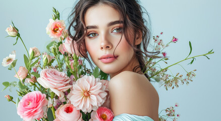 Happy young woman with bouquet of beautiful flowers on light background