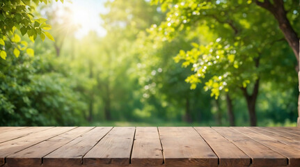 Naklejka na ściany i meble the empty wooden brown table background,shining sunlight with blur background of forest plantation. Generative AI
