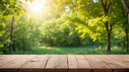 the empty wooden brown table background,shining sunlight with blur background of forest plantation. Generative AI