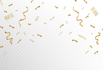 Gold confetti and ribbon streamers falling on a transparent background.Details. blur. Vector - obrazy, fototapety, plakaty
