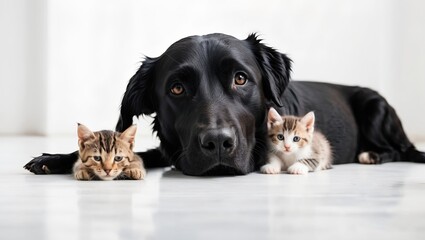 Black Dog With A Kitten On White Background