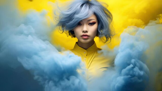 Short haired girl covered with smoke bombs in yellow and blue, loop video