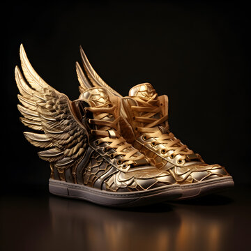 Gold shoes with gold wings on a black background 