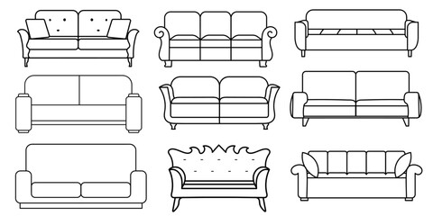 Sofa line Icons. Furniture design. Collection of sofa illustration. Modern furniture set isolated on white background. - obrazy, fototapety, plakaty