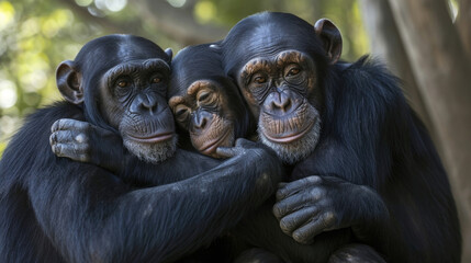 Closeup of a chimpanzee family clinging onto each other for support as their home continues to be destroyed around them. Their expressions show both sadness and determinatio