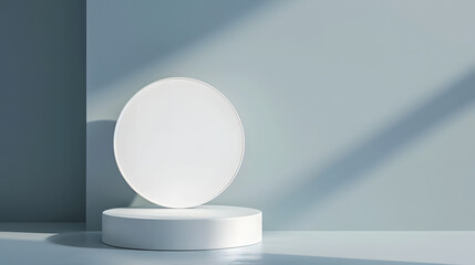 White Round Object on Table, Simple and Informative Visual Description. Podium background for product mockup