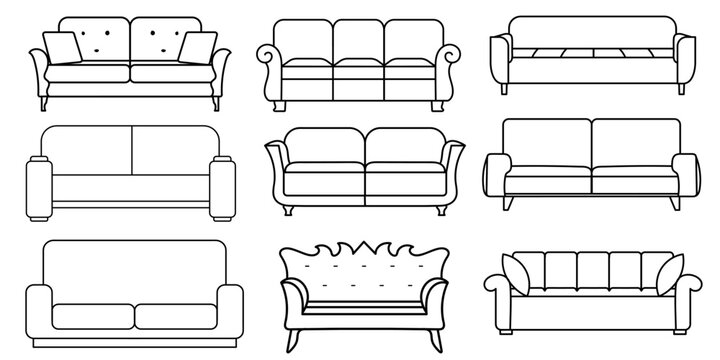 Naklejki Sofa line Icons. Furniture design. Collection of sofa illustration. Modern furniture set isolated on white background.
