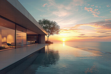 a modern villa overlooking the sunset in the morning - obrazy, fototapety, plakaty