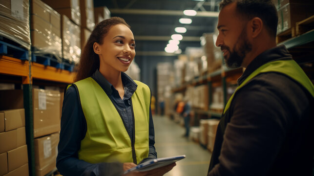 Young female worker in uniform checklist manage parcel box product in warehouse.woman employee holding tablet working at store industry. Logistic import export concept.
