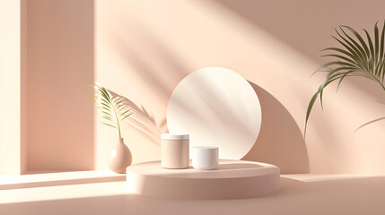 White Lamp on Table Next to Potted Plant in Well-Lit Room. Podium background for product mockup
