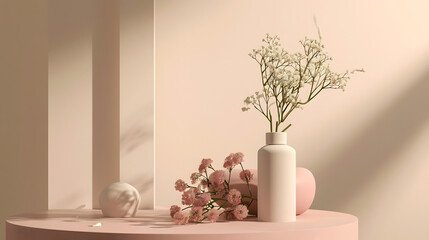 White Vase With Flowers on Pink Table. Podium background for product mockup