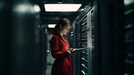 Woman with tablet,datacenter and information technology, engineer and server room with software update.Tech industry, cybersecurity and network with Asian female setting up firewall and database
