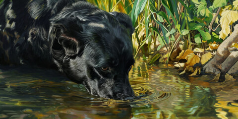 a black dog is floating in a river and drinking, generative AI