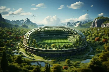 Fotobehang Modern Soccer Stadium, on an isolated Green background, Generative AI © Box Milk