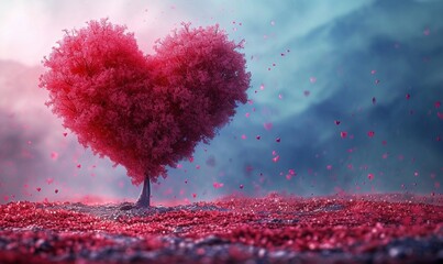 Heart-Shaped Tree with Red Leaves on Misty Ground,standing solitary amidst a mystic, foggy landscape.
 - obrazy, fototapety, plakaty