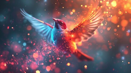 Colorful sparrows with wings ablaze in neon brilliance.
 - obrazy, fototapety, plakaty