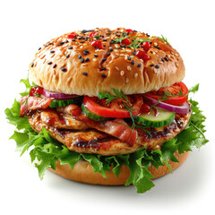 delicious gourmet chicken burger with fresh lettuce, ripe tomatoes, and crispy onions on a sesame seed bun, isolated white background. perfect high-resolution image for food blogs and menus on adobe s