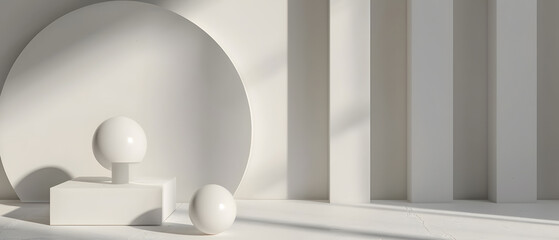 White Sculpture in Center of Room, Minimalist Art Installation. Podium background for product mockup