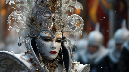 Fototapeta na wymiar Traditional Venetian carnival mask at St. Mark's Square in Venice, Italy generativa IA