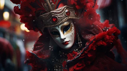Foto op Canvas Venetian carnival mask with red flowers and golden crown. generativa IA © Victor