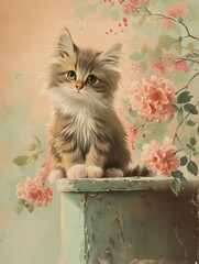 illustration of a classic kitten. Evoking a nostalgic mood with muted color, and vintage vibes, suitable for wallpaper, wall art, and cat lovers