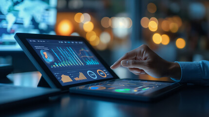 Business professional seamlessly utilizes digital tablet for typing, managing data, and conducting financial transactions in a tech-savvy environment adorned with blue abstract elements