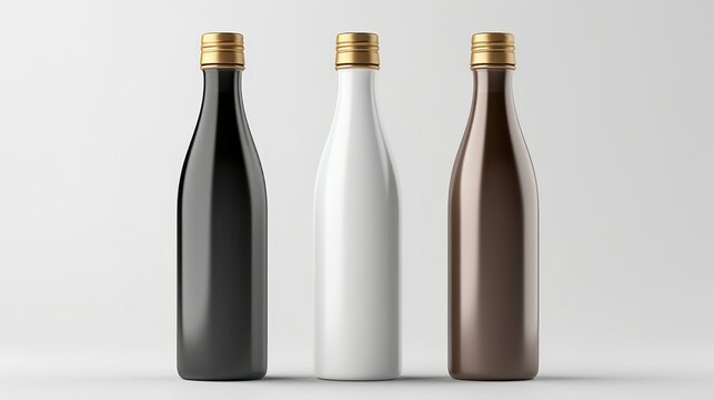Mockup of black, white and brown beer bottles isolated on white background.