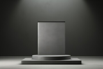 Minimalist black pedestal in dark room, - obrazy, fototapety, plakaty