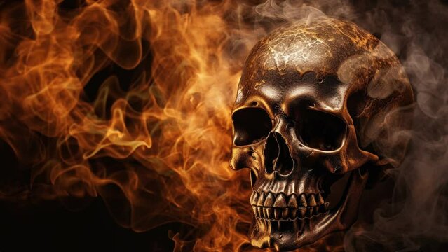 The skull burns in the fire and glows with billowing smoke, a seamless loop video background