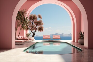 Elegant Rooftop Pool, on an isolated Coral Pink background, Generative AI