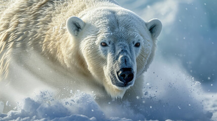 Closeup of a powerful polar bear standing against a blanket of blowing snow her thick fur matted and coated with frost