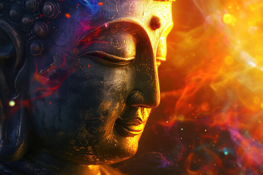 glowing golden buddha with abstract colorful universe background decorated with a big lotus