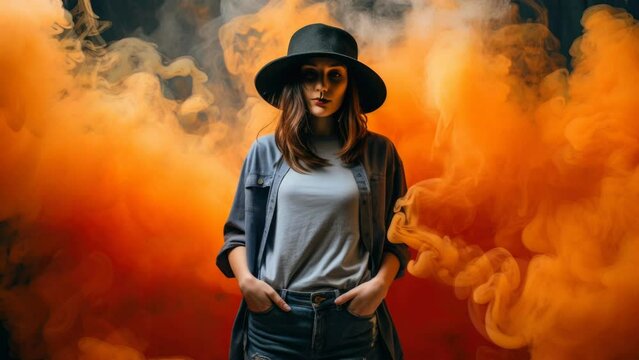 Brunette girl covered with an orange smoke bomb, loop video
