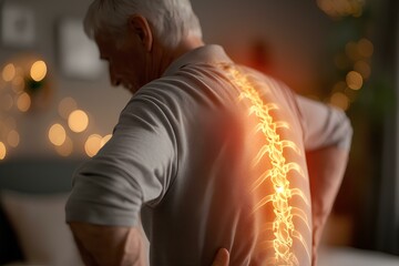 Digital composite of highlighted spine of senior man with back pain at home. generative AI