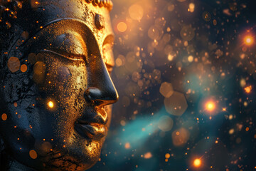 glowing golden buddha with abstract universe background - obrazy, fototapety, plakaty