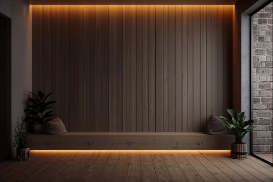 Empty dark brown plank wall room interior 3d render,decorated with hidden warm lighting. generative ai.