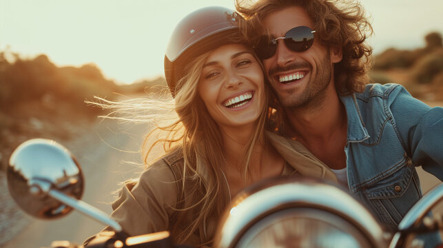 Romantic Couple Riding A Motorcycle Together