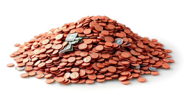 vast mound of copper pennies with occasional dollar bills, isolated white background. high-quality image representing savings, wealth accumulation, and financial concepts for adobe stock