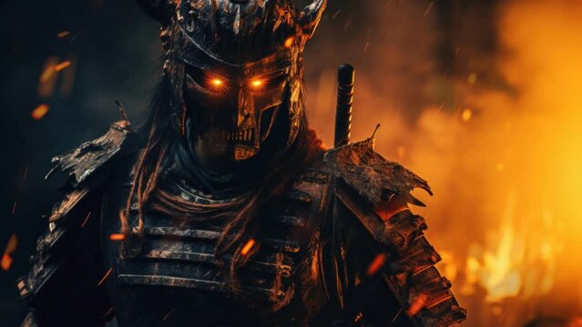 Evil knight wearing black armor with flaming eyes and burning fire, background video loop
