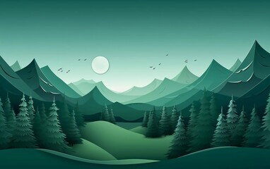 vector illustration Very beautiful green nature forest landscape scenery banner background paper art style