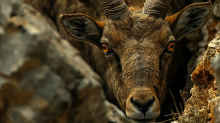 Closeup of an ibexs face its large expressive eyes scanning the surrounding terrain for any signs of danger as it carefully retreats towards a rocky outcrop for protection