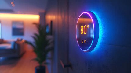 the futuristic glow of a smart thermostat adjusting the temperature in a modern home.