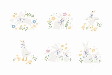 Fototapeta na wymiar Spring floral cartoon set with cute goose and bunny. Happy Easter print in flat style and pastel colors. Mom and baby