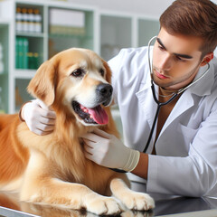 Veterinarian examining golden retriever dog in vet office, closeup